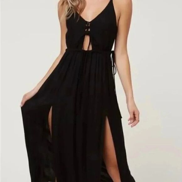 O’Neill Viscose Black Front Tie Straps  Slits Flowy Beach Maxi Womens Dress SZ S - Picture 3 of 16